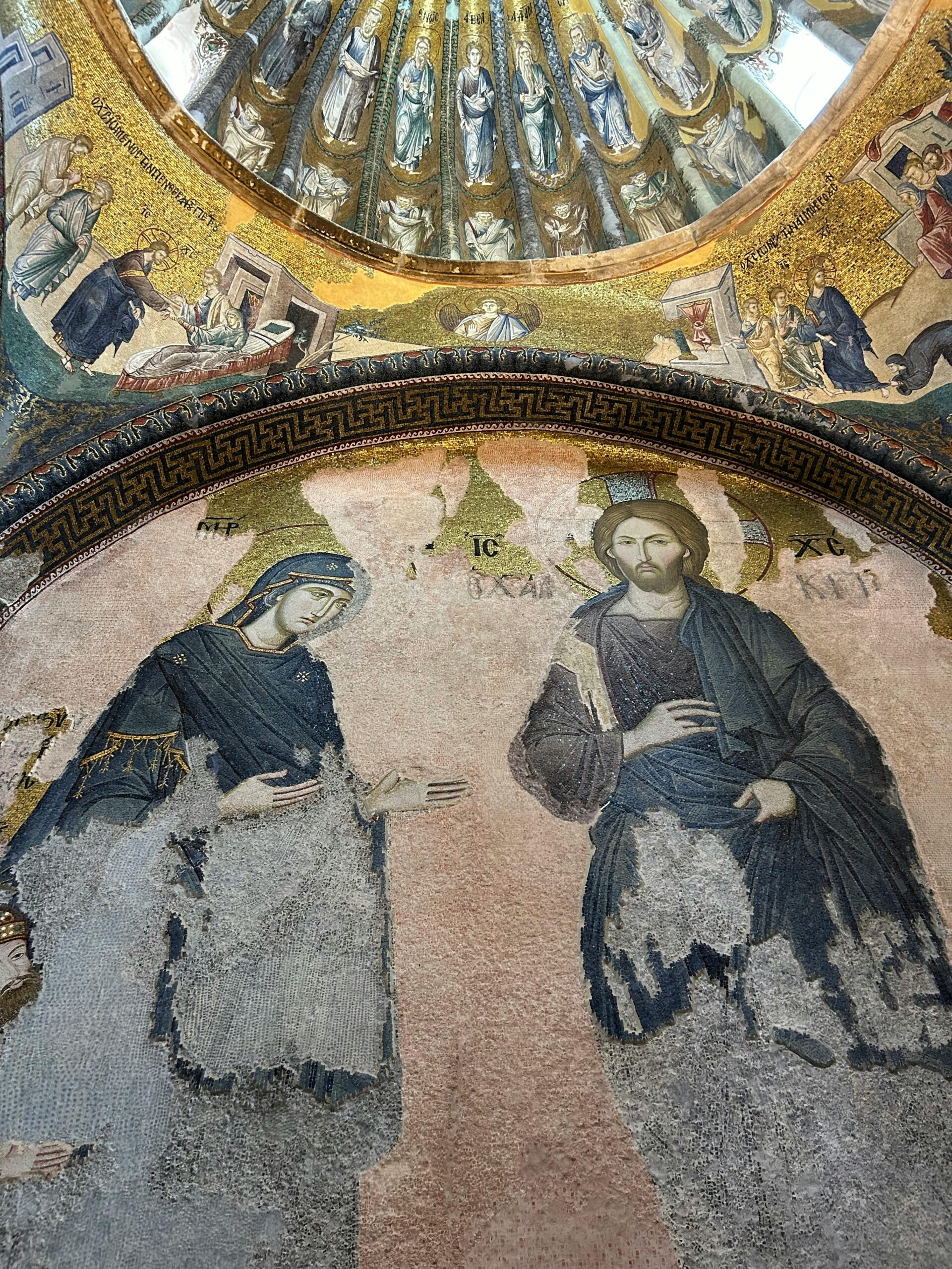 Captivating Byzantine mosaic depicting religious figures in a historical church setting.