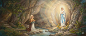 Pintura artística de la Virgen de Lourdes apareciéndose a Santa Bernadette arrodillada en la Gruta de Massabielle, iluminada con luz celestial.